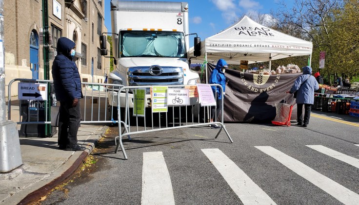 Waiting on the bread line at the Inwood Farmer's Market, May 2020