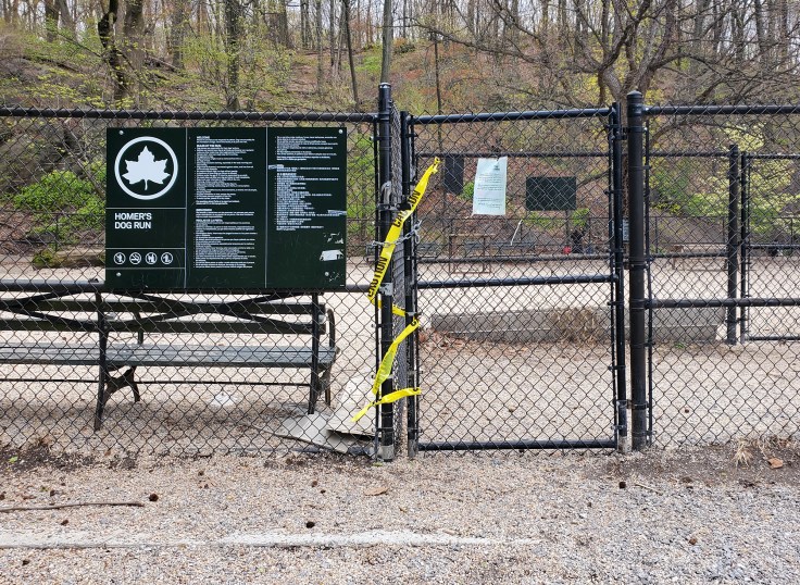 Closed dog run in Inwood Hill Park, April 2020